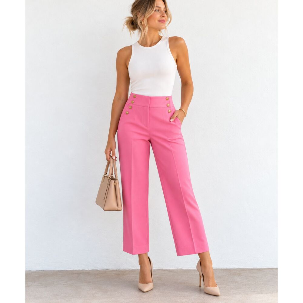 Halogen Pink Wide Leg Trousers Womens 4 Gold Button High Waist Dress Pants